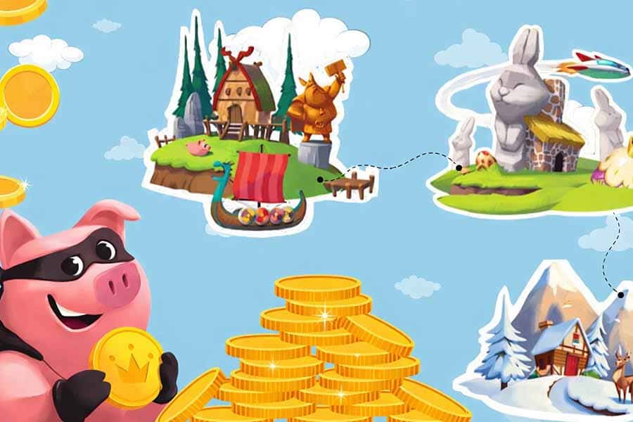 Coin Master Village Overview showing buildings, shields, and Viking theme